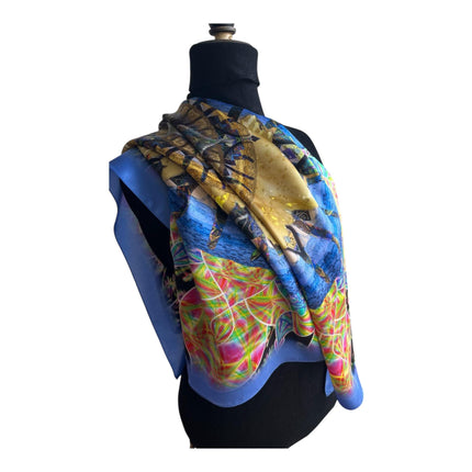 Cosmic Lotus Mandala Silk Scarf - Psychedelic Neon Art Italian Satin Square Luxury Designer Bohemian Accessory