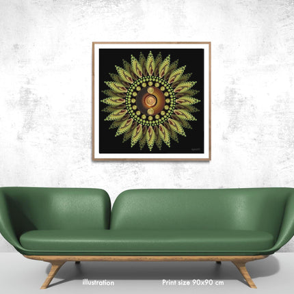 Cosmic Sunflower Mandala: Green Sun Mandala Art Print, Sacred Geometry Wall Decor