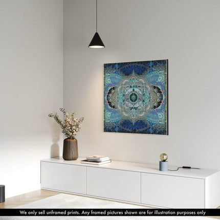 Azure Blue Mandala Art Print: Spiritual Meditation Decor, Hahnemühle Metallic Paper
