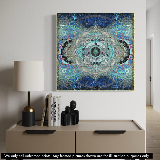 Azure Blue Mandala Art Print: Spiritual Meditation Decor, Hahnemühle Metallic Paper