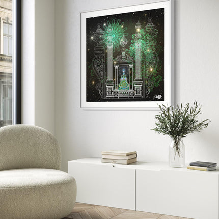 Celestial Temple Portal  Emerald Mandala Wall Art, Architecture Green Wall Decor