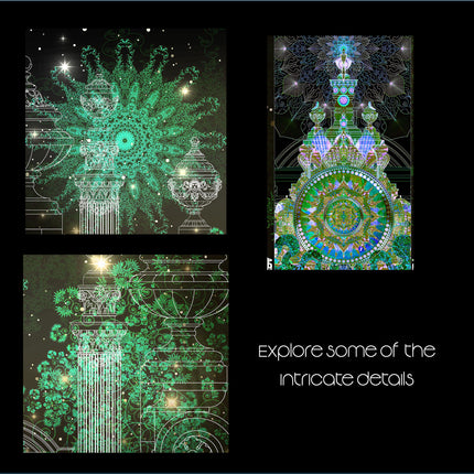 Celestial Temple Portal  Emerald Mandala Wall Art, Architecture Green Wall Decor