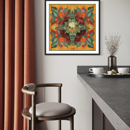 Orange Mandala Art Print, Mixed Media Collage, Boho Wall Decor