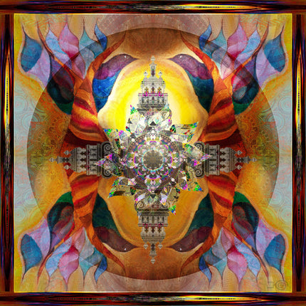 Phoenix Rising Lotus Temple Mandala - Golden Amber Teal Spiritual Wall Art - Sacred Rebirth Transformation Print