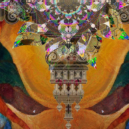 Phoenix Rising Lotus Temple Mandala - Golden Amber Teal Spiritual Wall Art - Sacred Rebirth Transformation Print