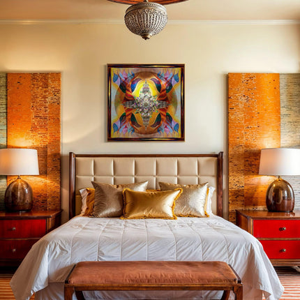 Phoenix Rising Lotus Temple Mandala - Golden Amber Teal Spiritual Wall Art - Sacred Rebirth Transformation Print