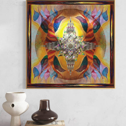 Phoenix Rising Lotus Temple Mandala - Golden Amber Teal Spiritual Wall Art - Sacred Rebirth Transformation Print