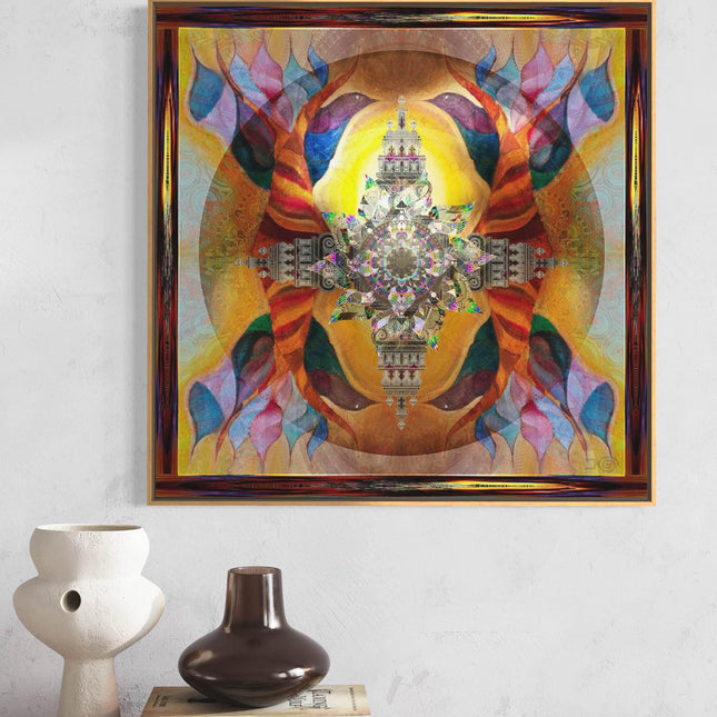 Phoenix Rising Lotus Temple Mandala - Golden Amber Teal Spiritual Wall Art - Sacred Rebirth Transformation Print