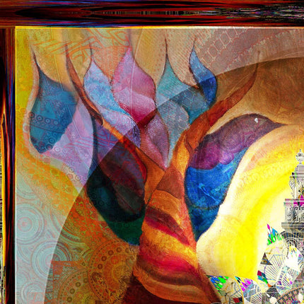 Phoenix Rising Lotus Temple Mandala - Golden Amber Teal Spiritual Wall Art - Sacred Rebirth Transformation Print