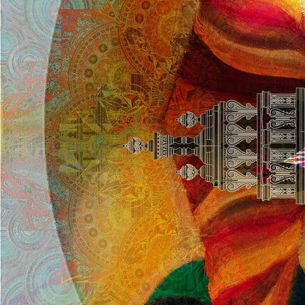 Phoenix Rising Lotus Temple Mandala - Golden Amber Teal Spiritual Wall Art - Sacred Rebirth Transformation Print