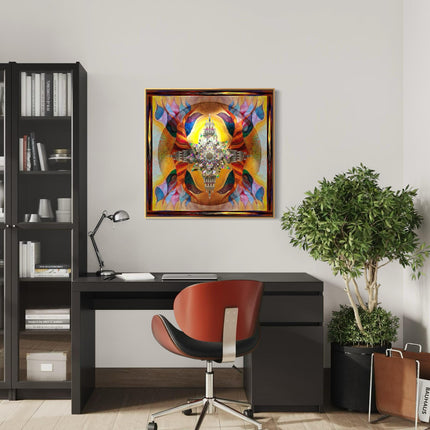 Phoenix Rising Lotus Temple Mandala - Golden Amber Teal Spiritual Wall Art - Sacred Rebirth Transformation Print