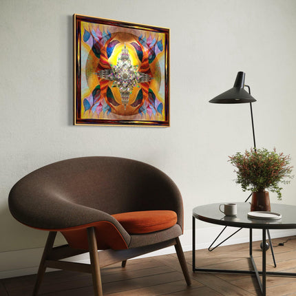 Phoenix Rising Lotus Temple Mandala - Golden Amber Teal Spiritual Wall Art - Sacred Rebirth Transformation Print