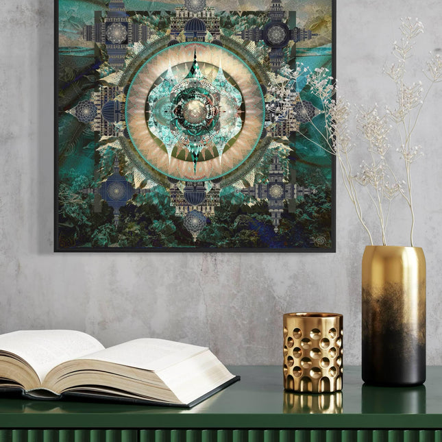 Turquoise Sacred Bohemian Mandala Wall Art Print, Meditation Wall Decor, Zen Yoga Wall Print
