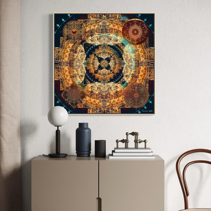 Teal Gold Mandala Print, Sacred Geometry Boho Wall Art