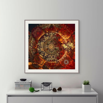 Golden Fractal Mandala Art Print  Boho Sacred Geometry Home Decor