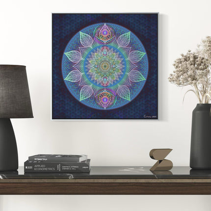 Blauer Mandala-Kunstdruck: Heilige Geometrie, Meditationsdekor