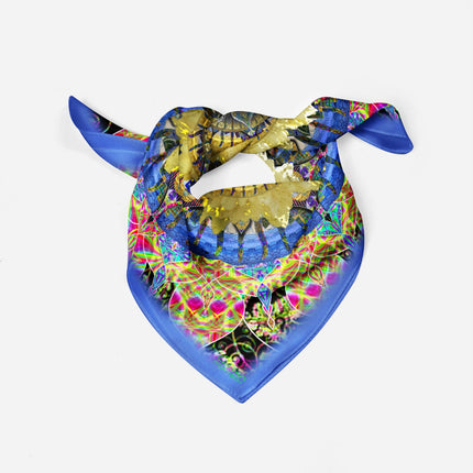 Cosmic Lotus Mandala Silk Scarf - Psychedelic Neon Art Italian Satin Square Luxury Designer Bohemian Accessory