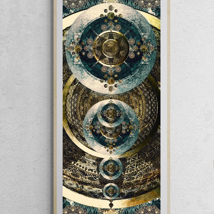 Cosmic Mandala Art Print: Teal Gold Sacred Geometry Wall Art (Vertical/Horizontal)