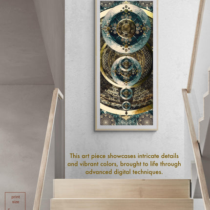 Teal Gold Mandala Wall Art, Large Sacred Geometry Cosmic Print for Wellness Space, Office or Living Room , Vertical/Horizontal, Clockwork II