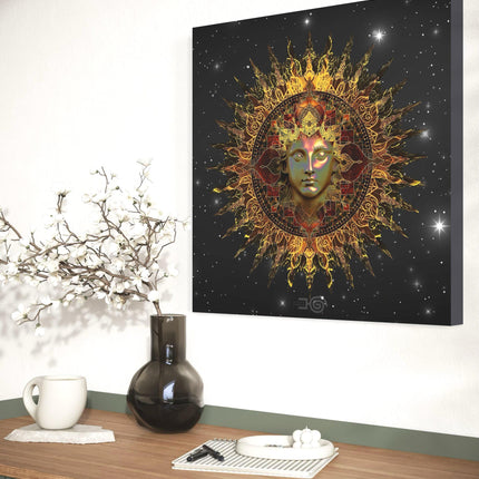 Golden Sun Mandala Print, Sacred Geometry Cosmic Wall Art, Boho Home Decor