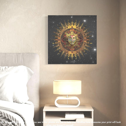 Golden Sun Mandala Print, Sacred Geometry Cosmic Wall Art, Boho Home Decor