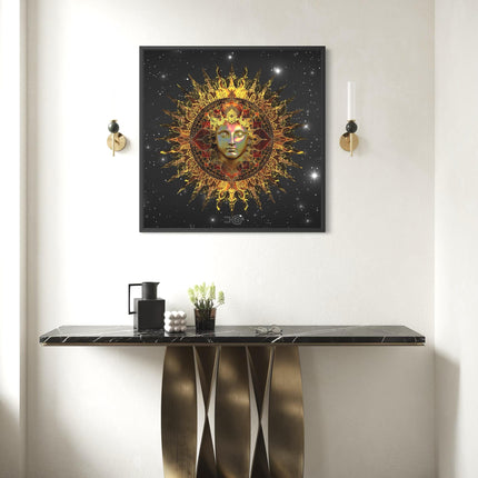 Golden Sun Mandala Print, Sacred Geometry Cosmic Wall Art, Boho Home Decor