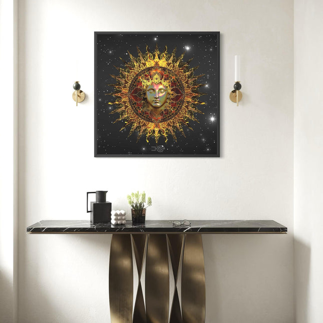 Golden Sun Mandala Print, Sacred Geometry Cosmic Wall Art, Boho Home Decor