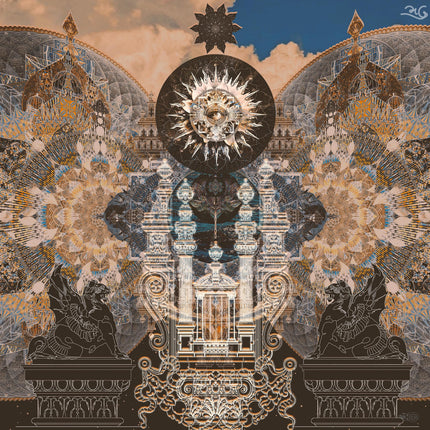 Mystical Sun Temple Wall Art  Sacred Geometry Boho Decor, Bronze Midnight Blue Print