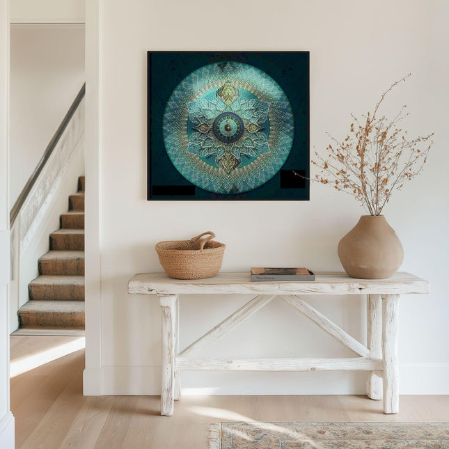 Jazbest – Türkiser Mandala-Kunstdruck, Heilige Geometrie, Boho-Wohnkultur