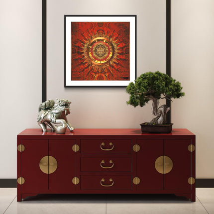 Golden Crimson Portal  Red and Gold Sacred Geometry Mandala Wall Art