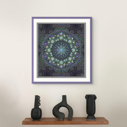 Radiant Mandala Wall Art  Charcoal, Teal, Violet Galaxy Desig, Sacred Geometry Boho Print, for Living Room, Bedroom or Yoga Studio