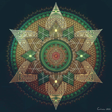 Emerald Gold Mandala Art Print, Sacred Geometry Wall Decor, Green Spiritual Home Art