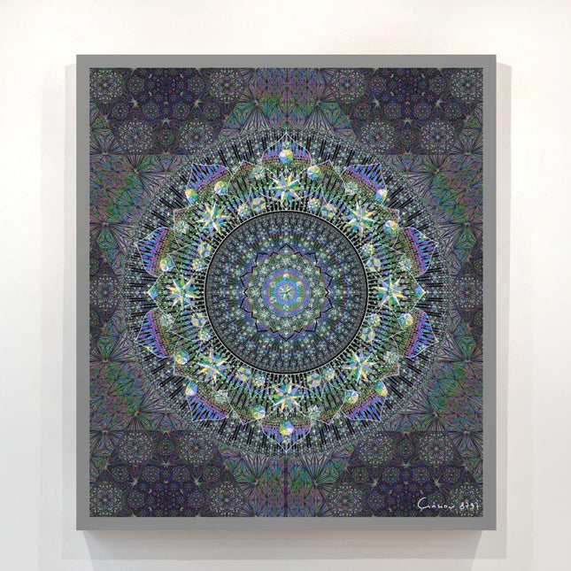 Radiant Mandala Wall Art  Charcoal, Teal, Violet Galaxy Desig, Sacred Geometry Boho Print, for Living Room, Bedroom or Yoga Studio