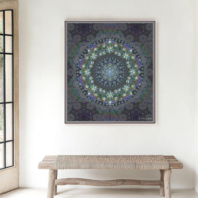 Radiant Mandala Wall Art  Charcoal, Teal, Violet Galaxy Desig, Sacred Geometry Boho Print, for Living Room, Bedroom or Yoga Studio