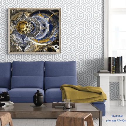 Celestial Sacred Geometry Mandala Clock  Royal Blue Gold Spiritual Wall Art Print