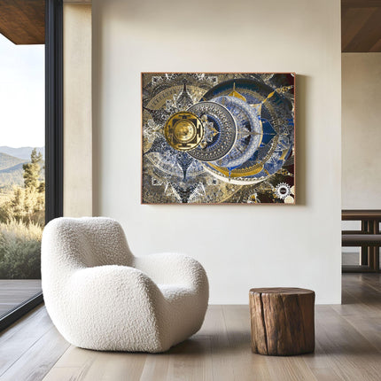 Celestial Sacred Geometry Mandala Clock  Royal Blue Gold Spiritual Wall Art Print