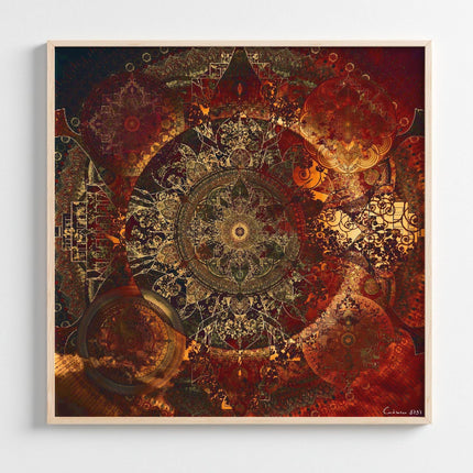 Golden Fractal Mandala Art Print  Boho Sacred Geometry Home Decor