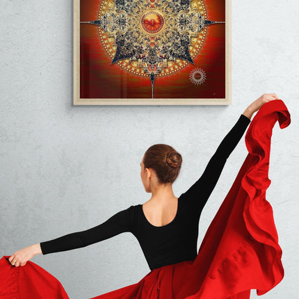 Red Gold Mandala Art Print  Sacred Geometry Sunburst Decor, Spiritual Decor