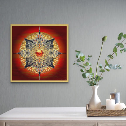 Red Gold Mandala Art Print  Sacred Geometry Sunburst Decor, Spiritual Decor