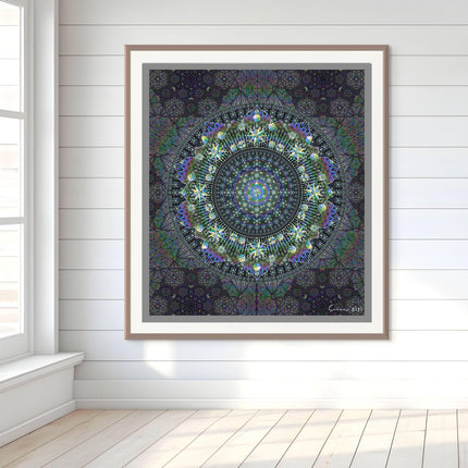 Radiant Mandala Wall Art  Charcoal, Teal, Violet Galaxy Desig, Sacred Geometry Boho Print, for Living Room, Bedroom or Yoga Studio
