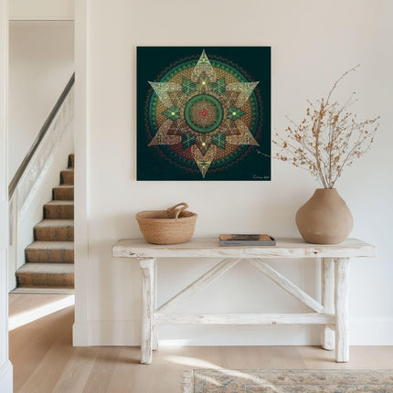 Emerald Gold Mandala Art Print, Sacred Geometry Wall Decor, Green Spiritual Home Art