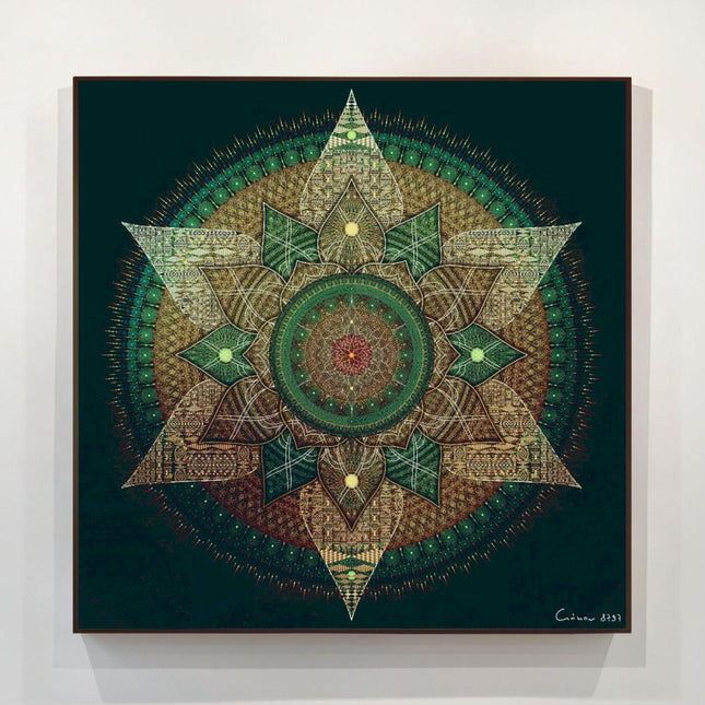 Green Gold Mandala Wall Art, Large Sacred Geometry Spiritual Print, for Living Room, Bedroom or Yoga Studio, Emerald Gold