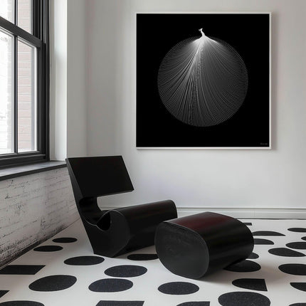 White Peacock Wall Art, Minimalist Linework Print, Sacred Geometry Decor