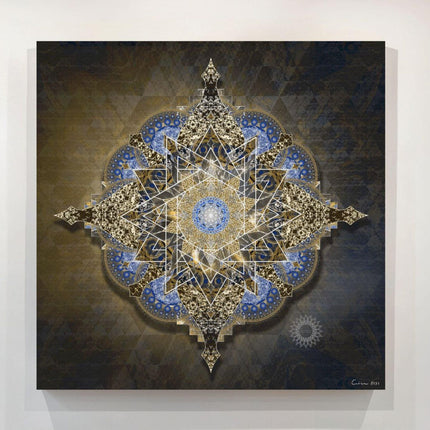 Golden Midnight Mandala Wall Art  Sacred Geometry Boho Print Blue Gold