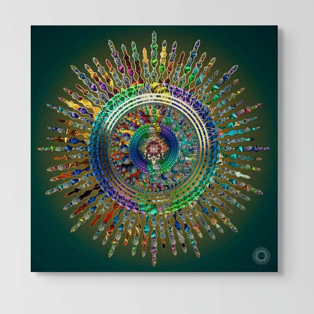 Leuchtender Mandala-Kunstdruck, Wanddekoration mit sakraler Geometrie, spiritueller abstrakter Wohnakzent