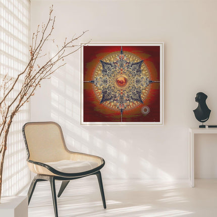 Red Gold Mandala Art Print  Sacred Geometry Sunburst Decor, Spiritual Decor