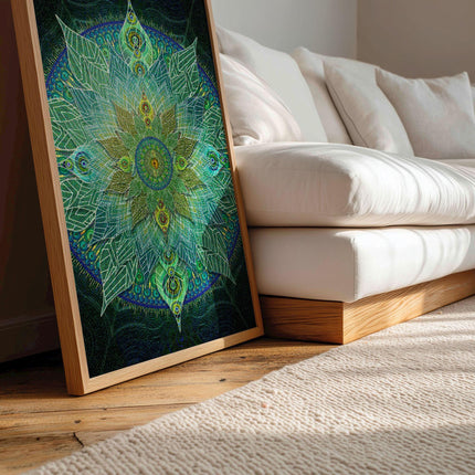 Green Mandala Wall Art, Large Sacred Geometry Spiritual Print, for Office, Living Room or Meditation Space