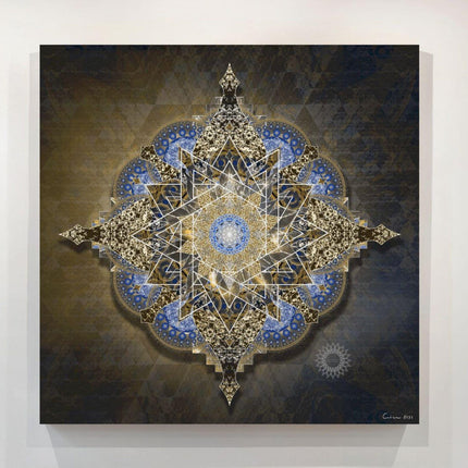 Golden Midnight -Blue Gold Mandala Wall Art, Large Sacred Geometry Boho Print, for Yoga Studio, Office or Living Room