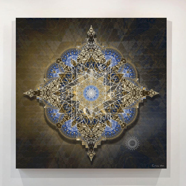 Golden Midnight -Blue Gold Mandala Wall Art, Large Sacred Geometry Boho Print, for Yoga Studio, Office or Living Room