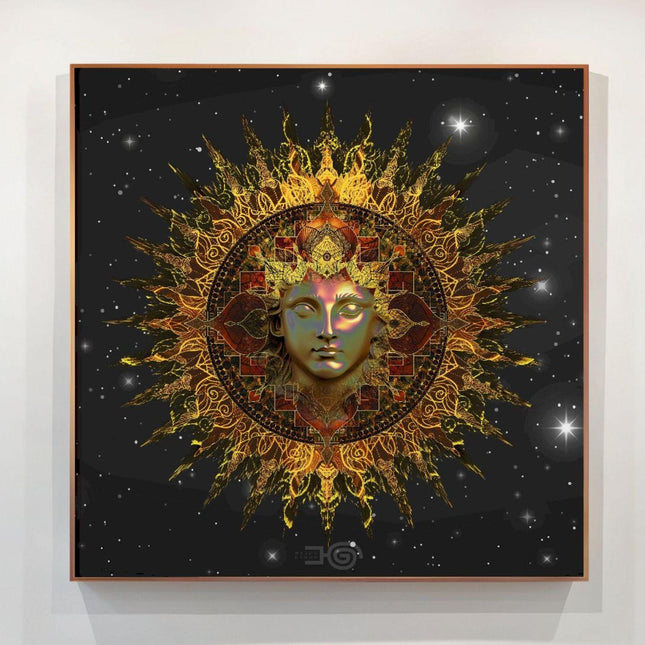 Golden Sun Mandala Print, Sacred Geometry Cosmic Wall Art, Boho Home Decor